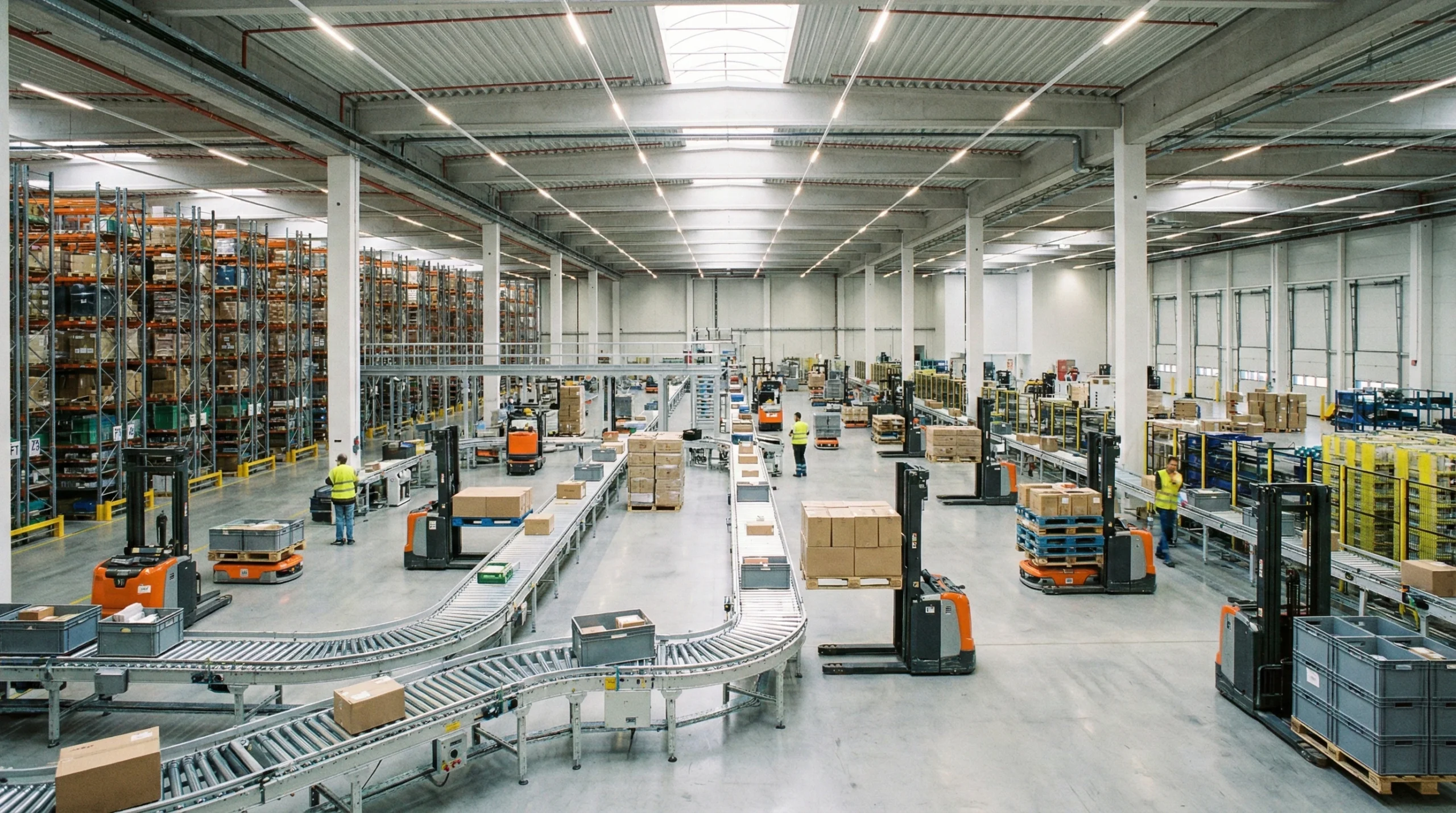 Wide view of modern warehouse with automated conveyors and mobile robots handling materials