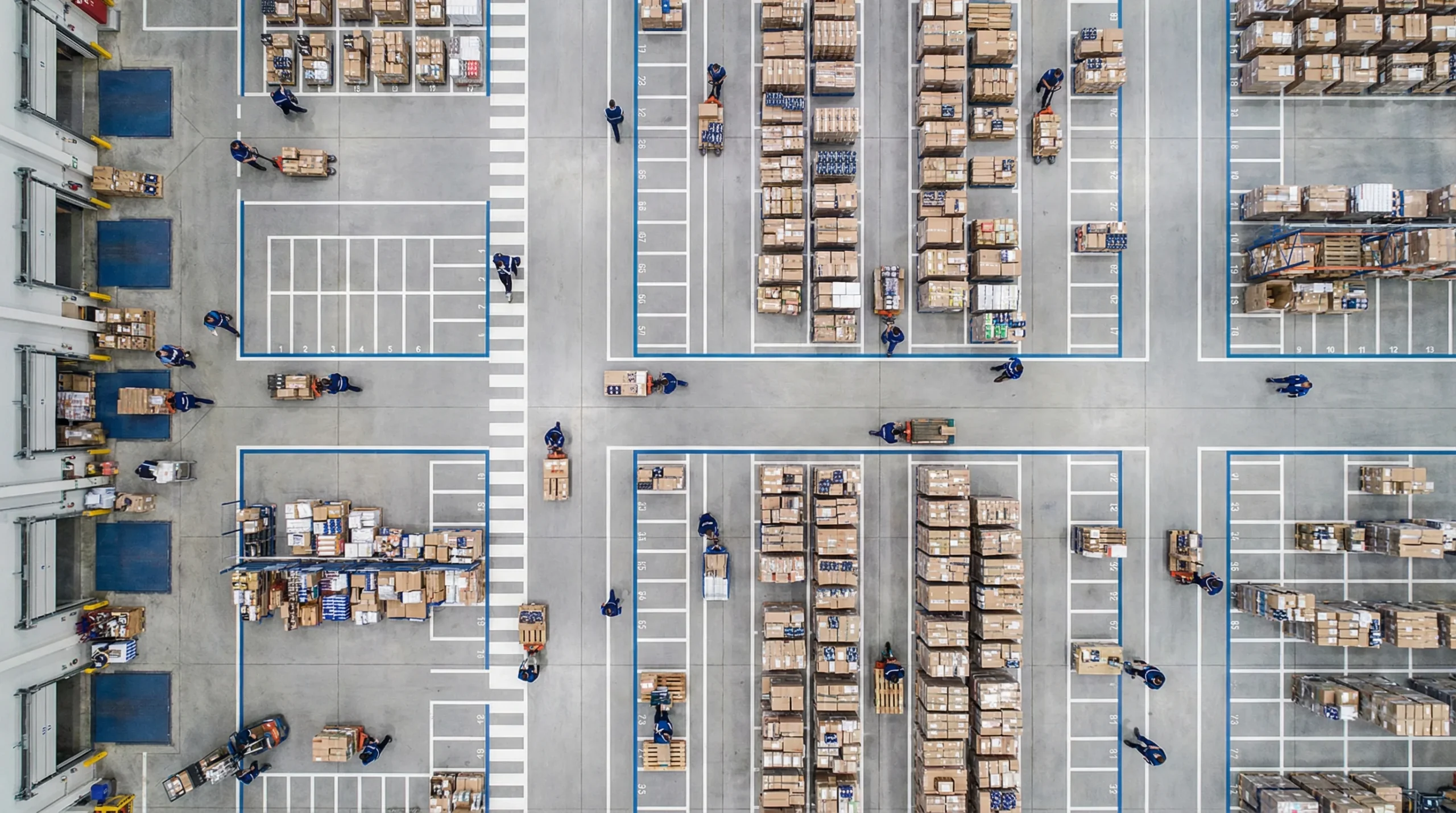 Aerial view of organized warehouse floor.
