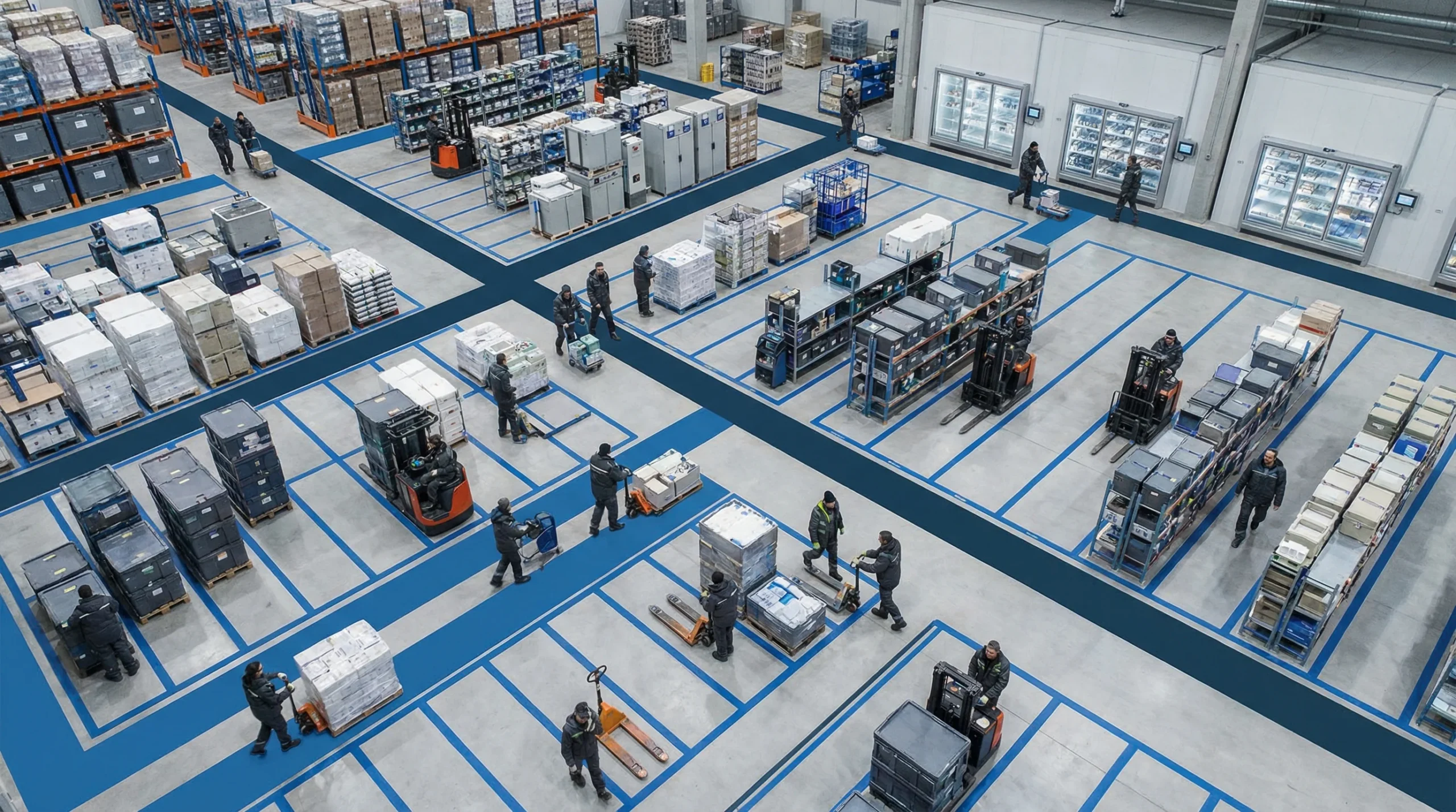 Aerial view of organized warehouse floor