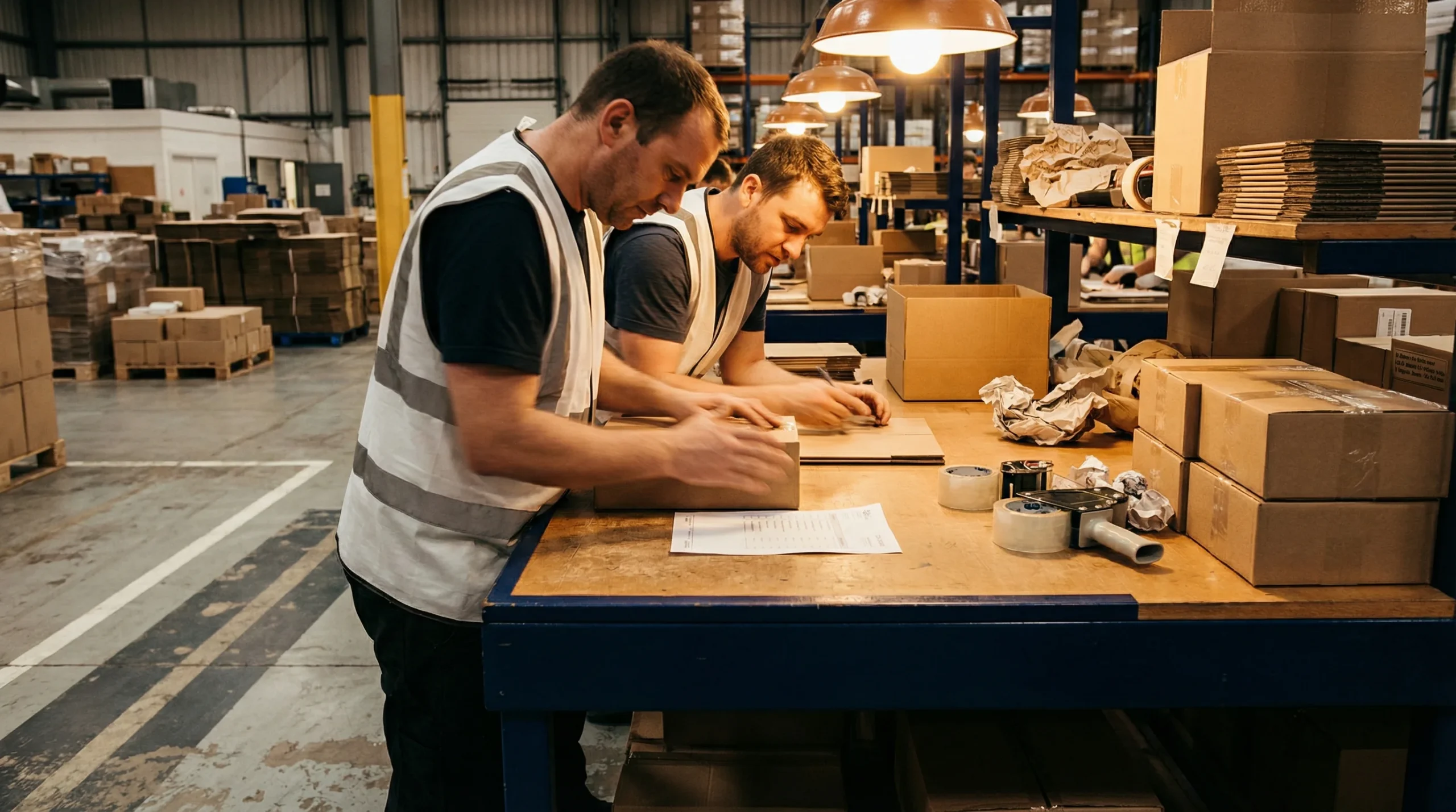 Warehouse workers reviewing inventory documentation