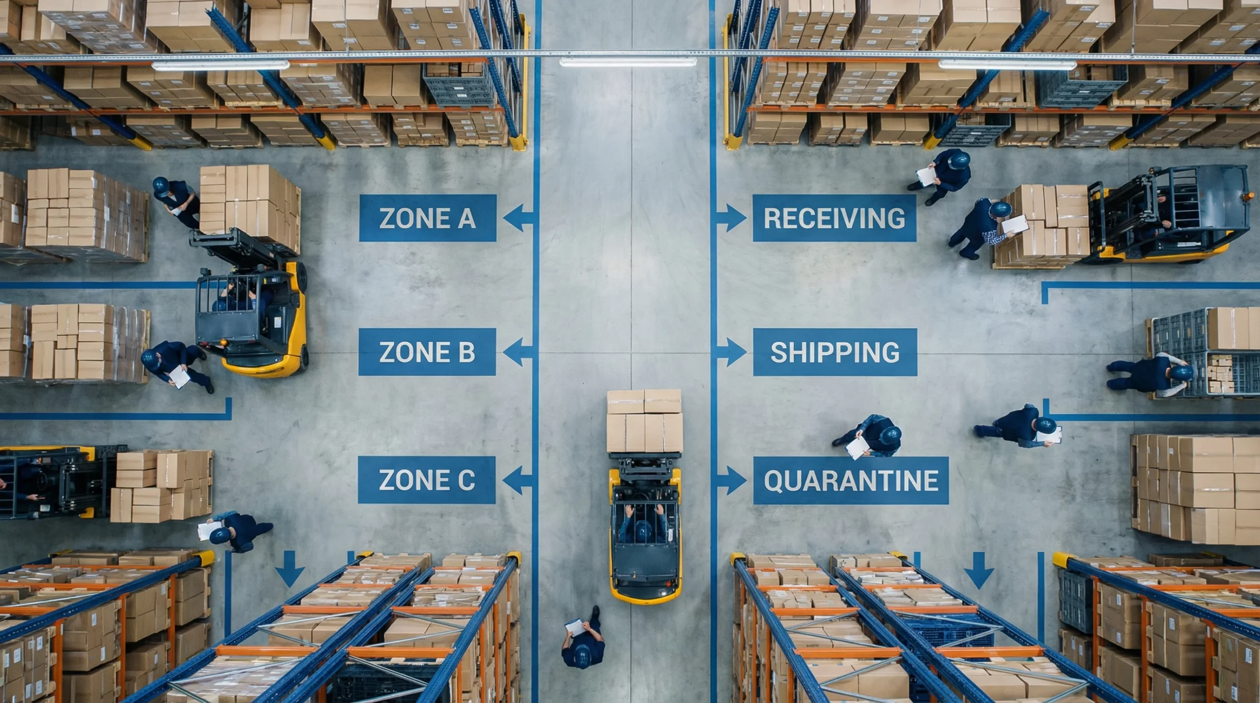 Aerial view of organized warehouse floor