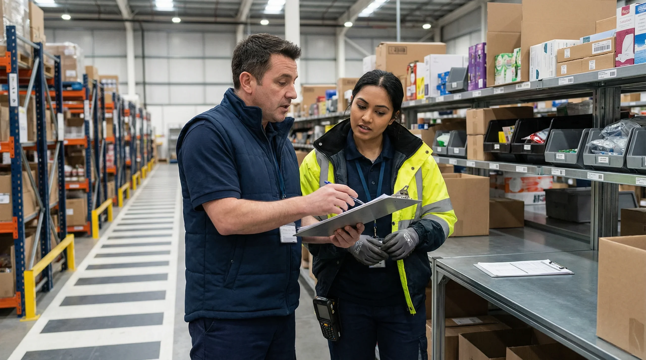 Supervisor with clipboard at picking station.