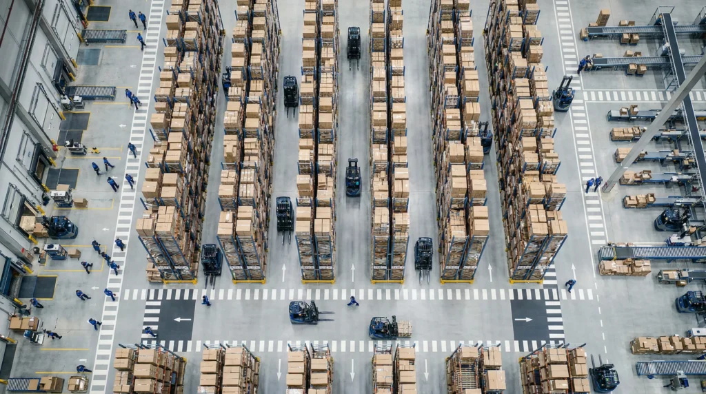 Warehouse floor with aisles and forklifts.