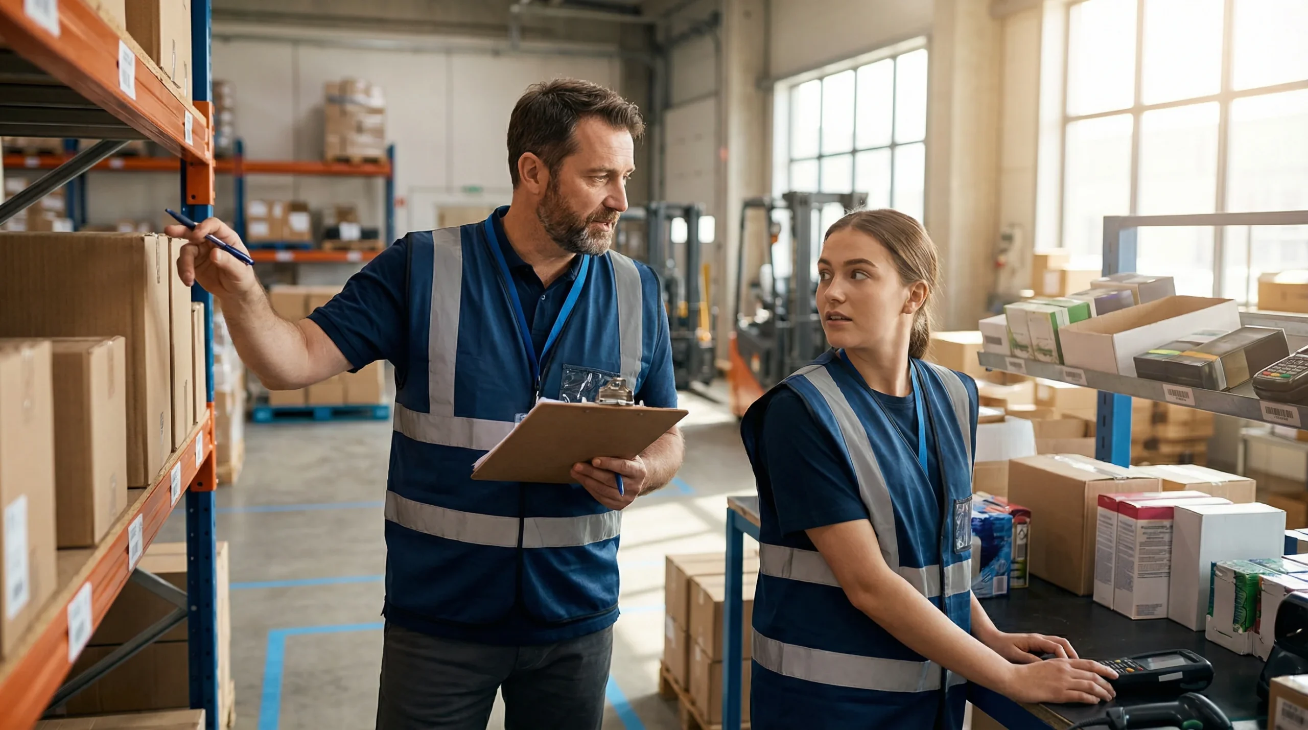 Supervisor with clipboard talks to worker