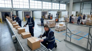 Warehouse receiving dock with busy logistics.