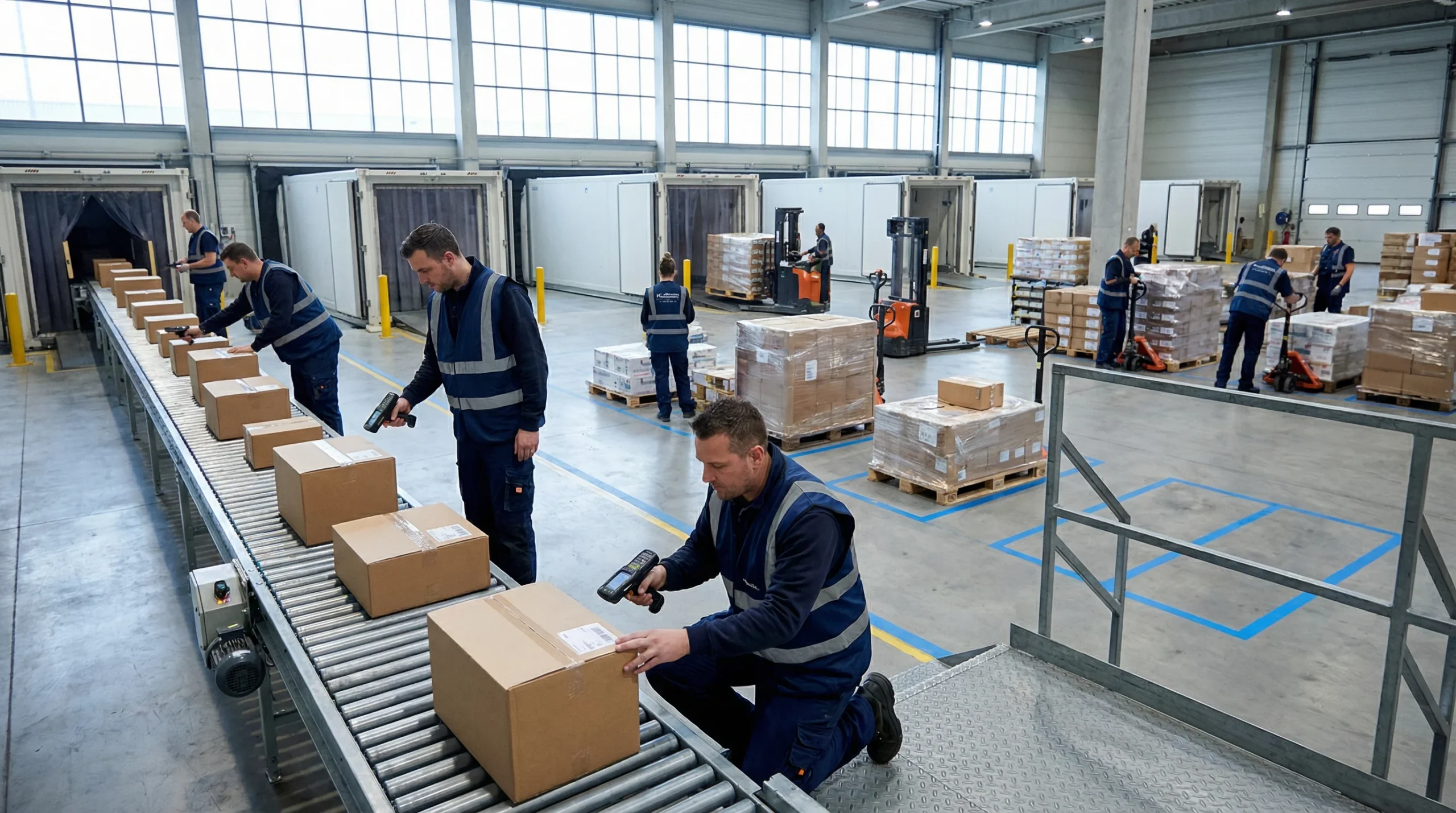 Warehouse receiving dock with busy logistics.