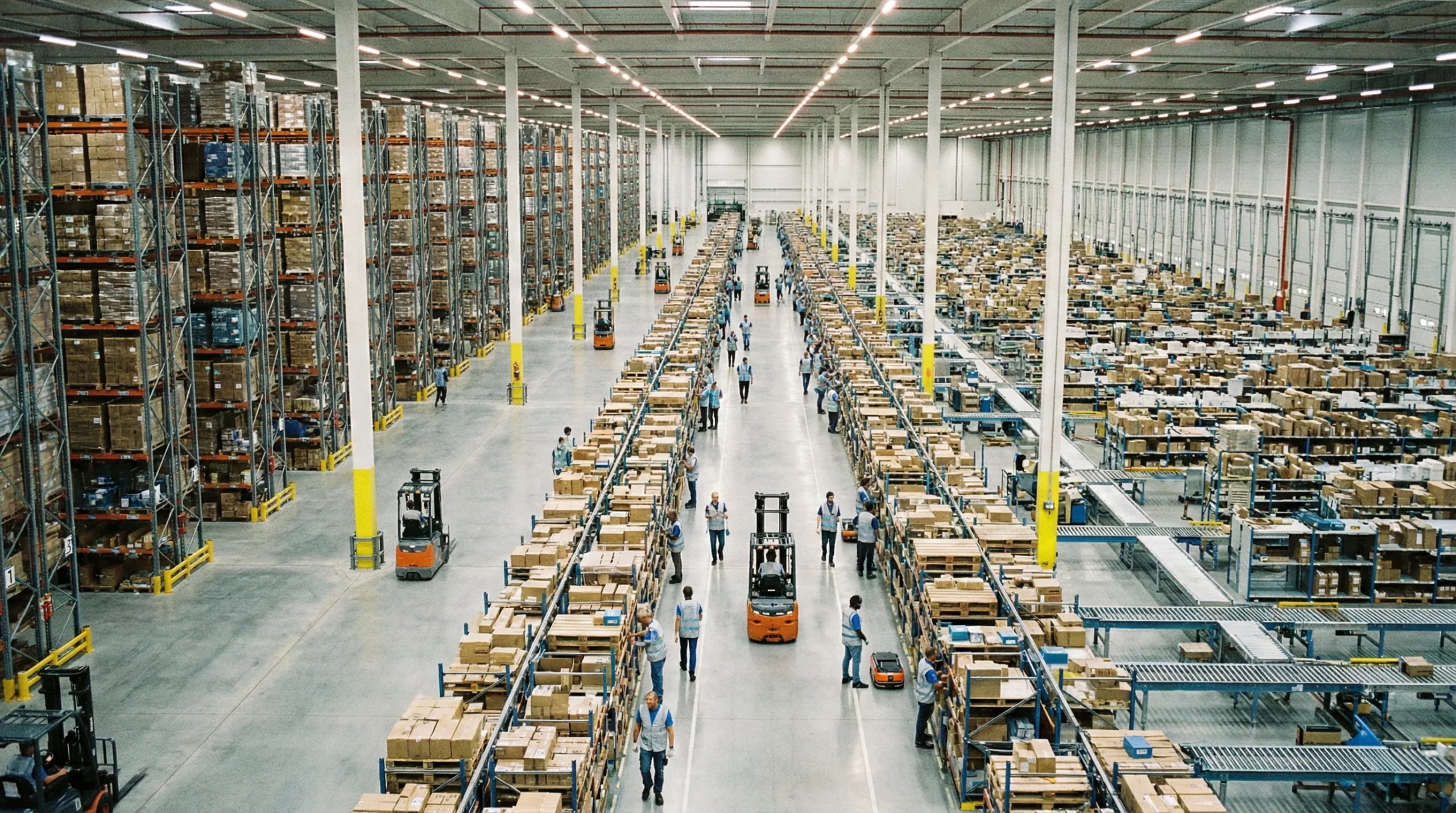 Wide shot of distribution center operations.