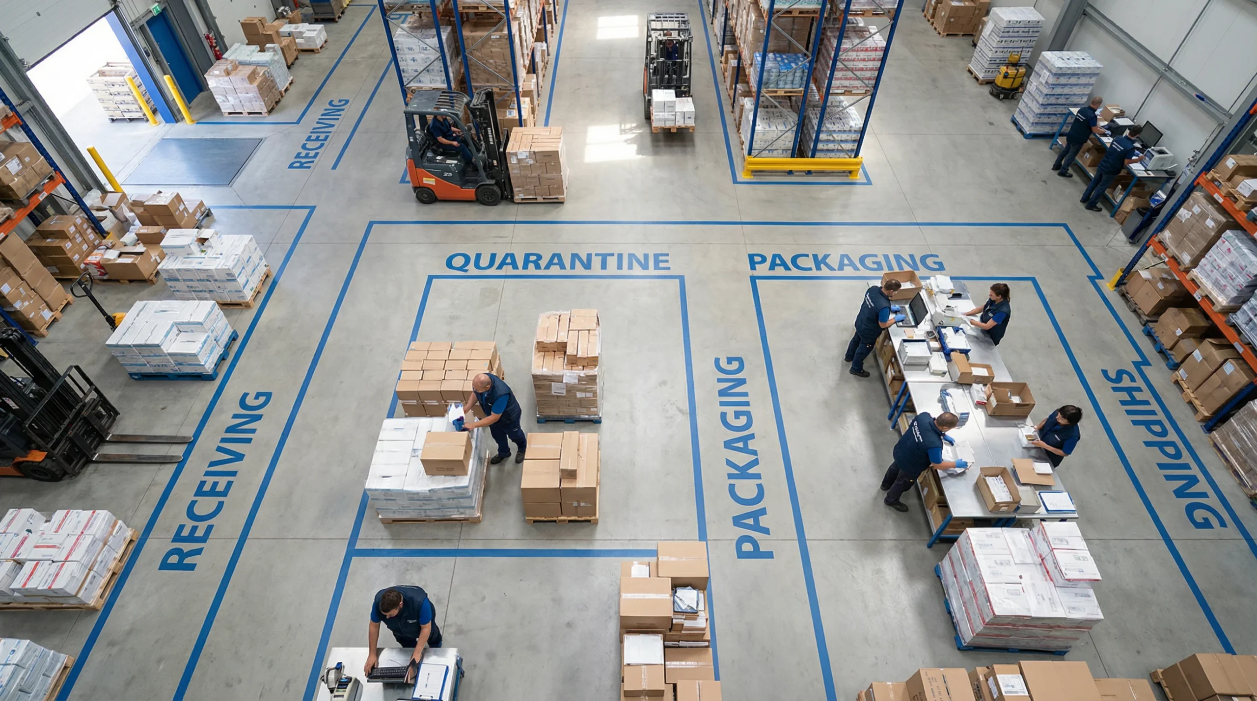 Overhead view of organized warehouse.