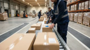 Warehouse receiving dock with conveyor belt