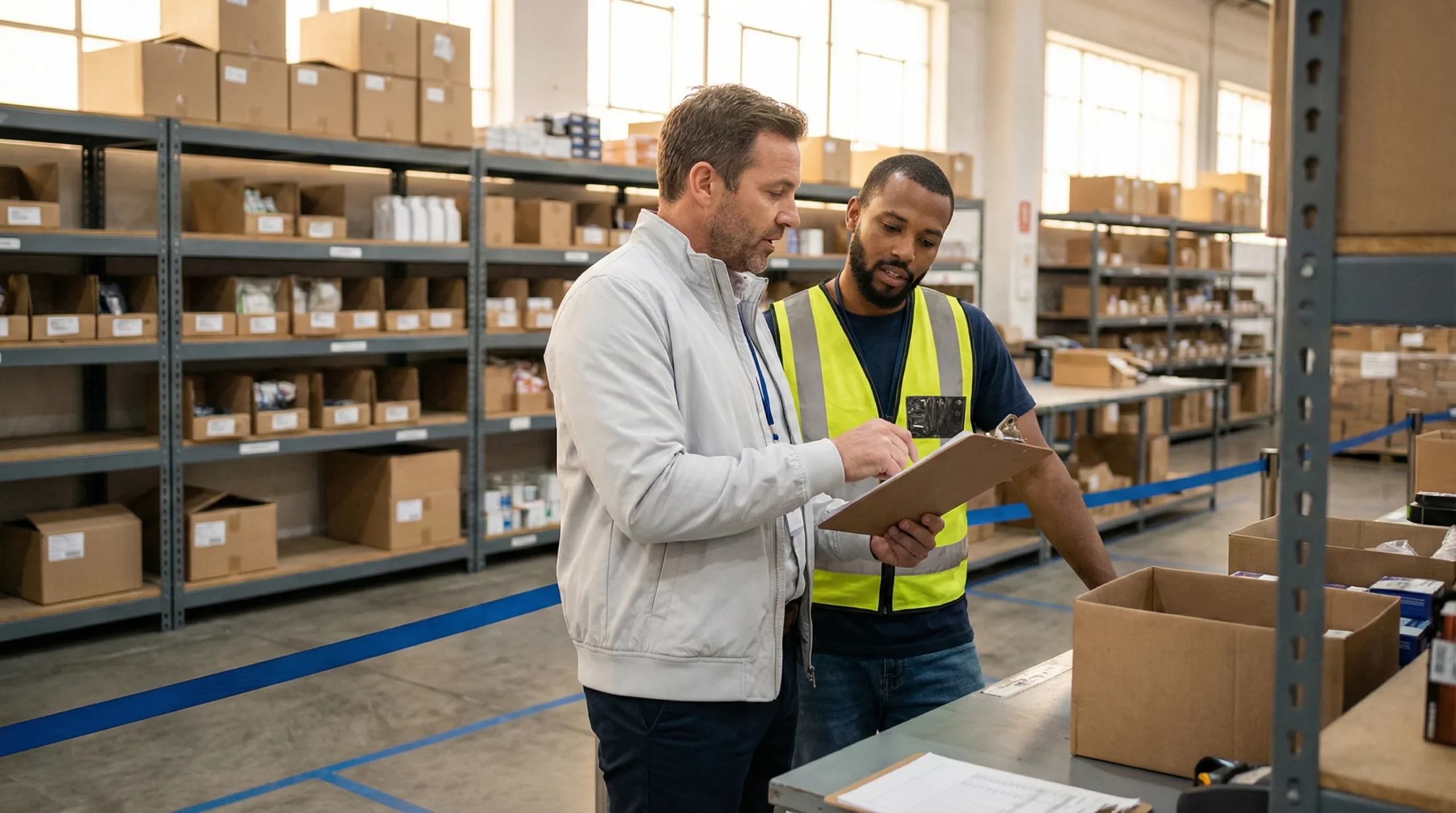 Supervisor talks to worker at station.