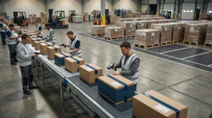 Warehouse workers on conveyor belt