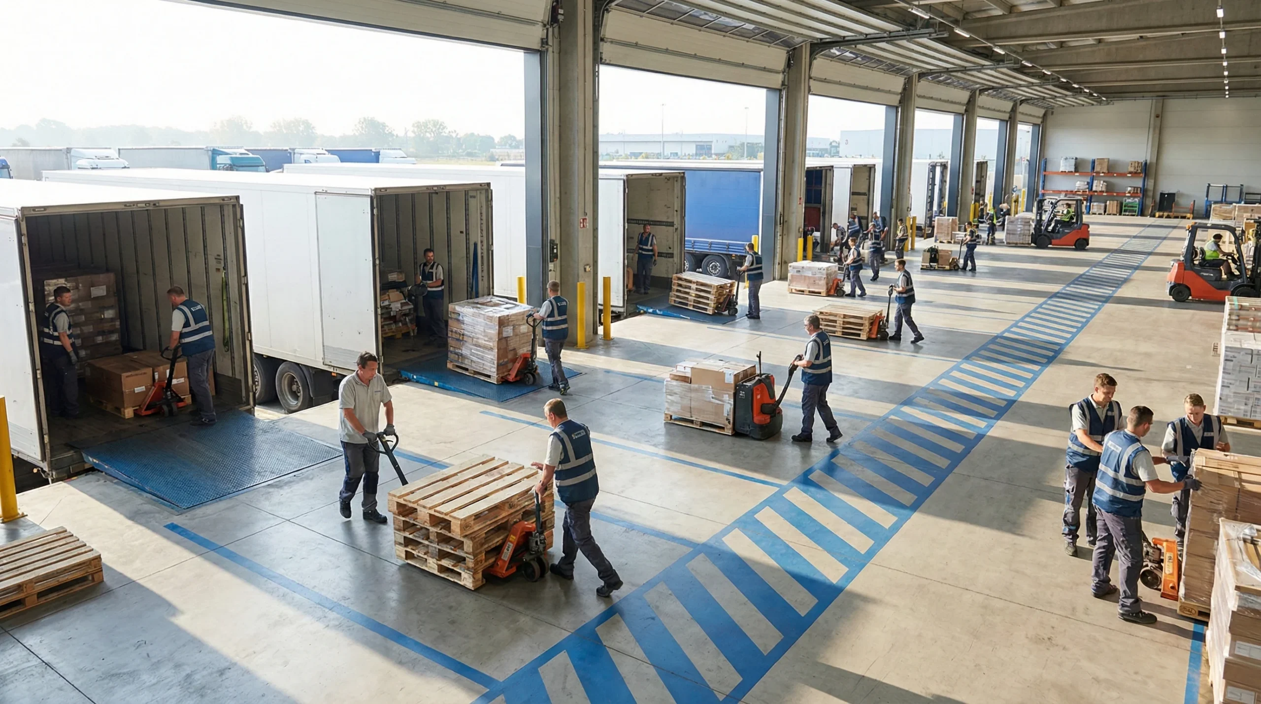 Loading dock operations with trucks.
