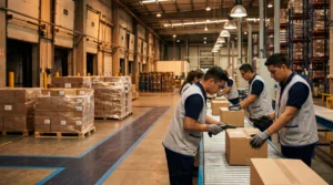 Warehouse dock with boxes on conveyor belt