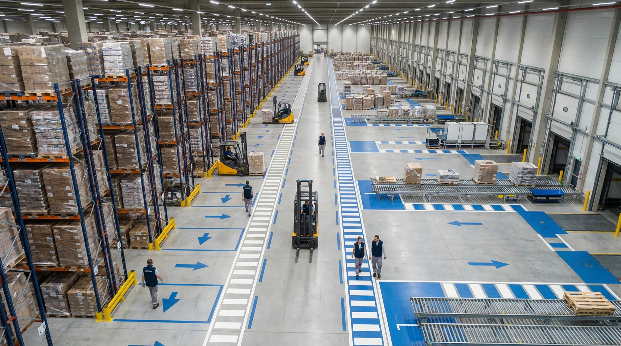 Aerial view of organized warehouse floor.