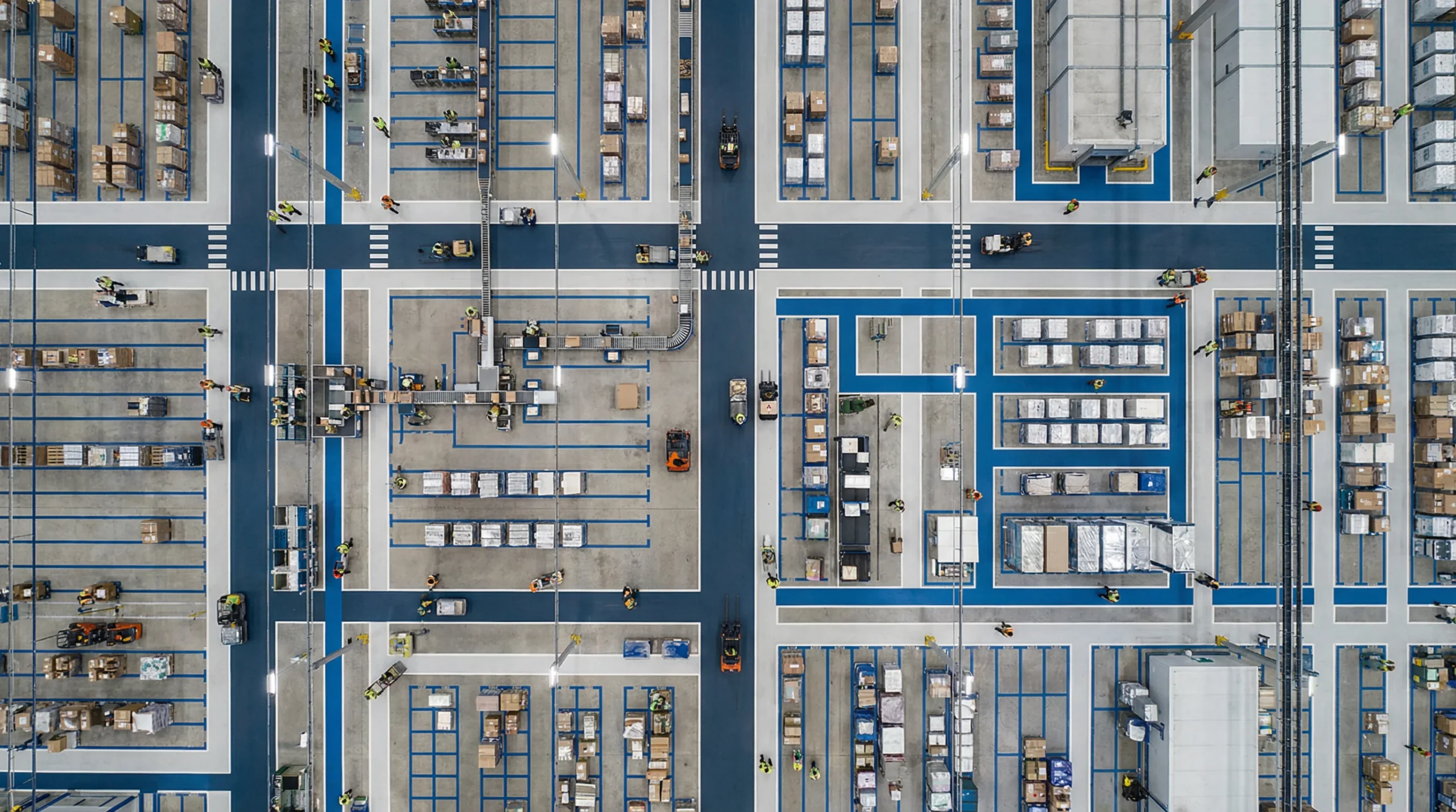 Aerial view of organized warehouse floor