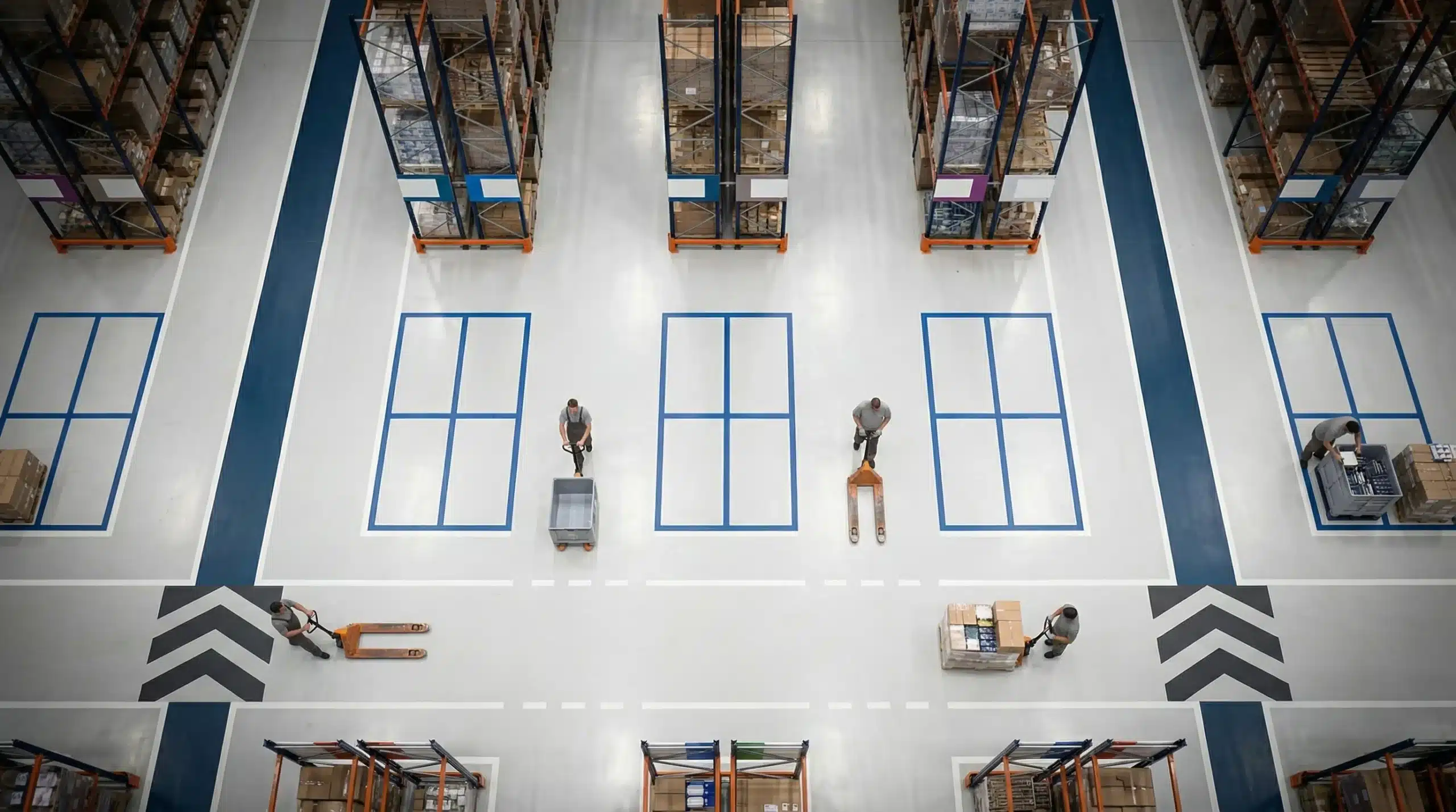 Overhead warehouse aisles and racks