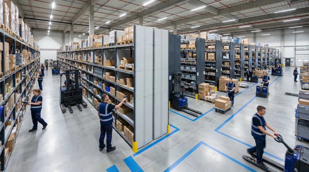 Warehouse interior with workers and shelves