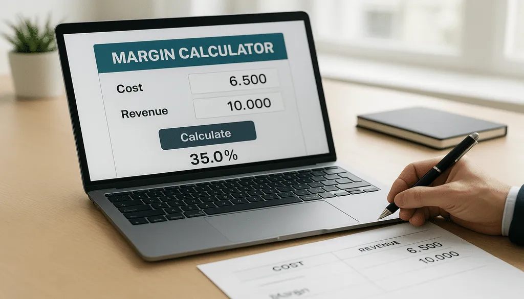 Laptop displaying profit margin calculator showing 35% margin from revenue and cost inputs