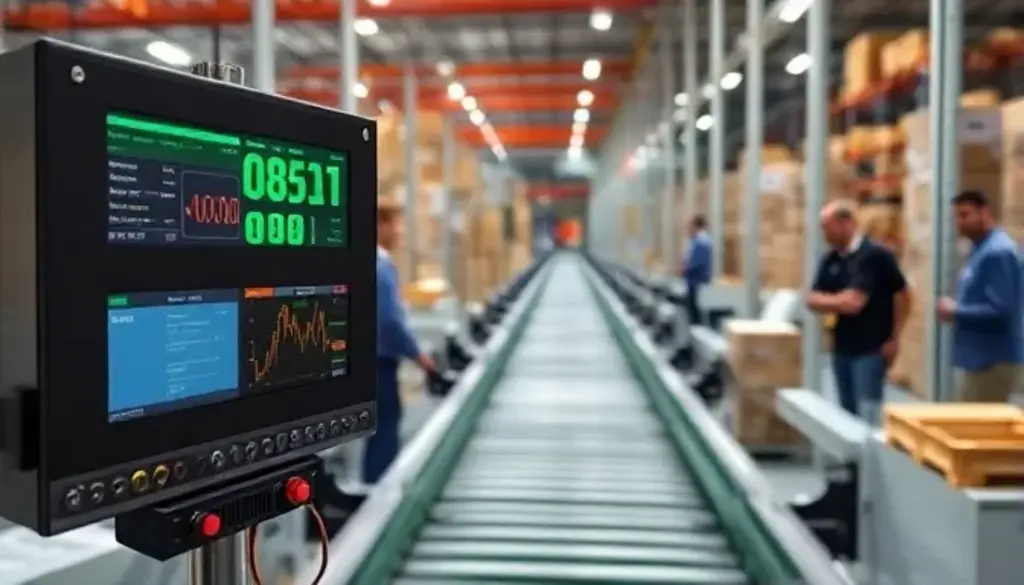 Automated warehouse sortation system control panel displaying metrics alongside conveyor belt in modern distribution center