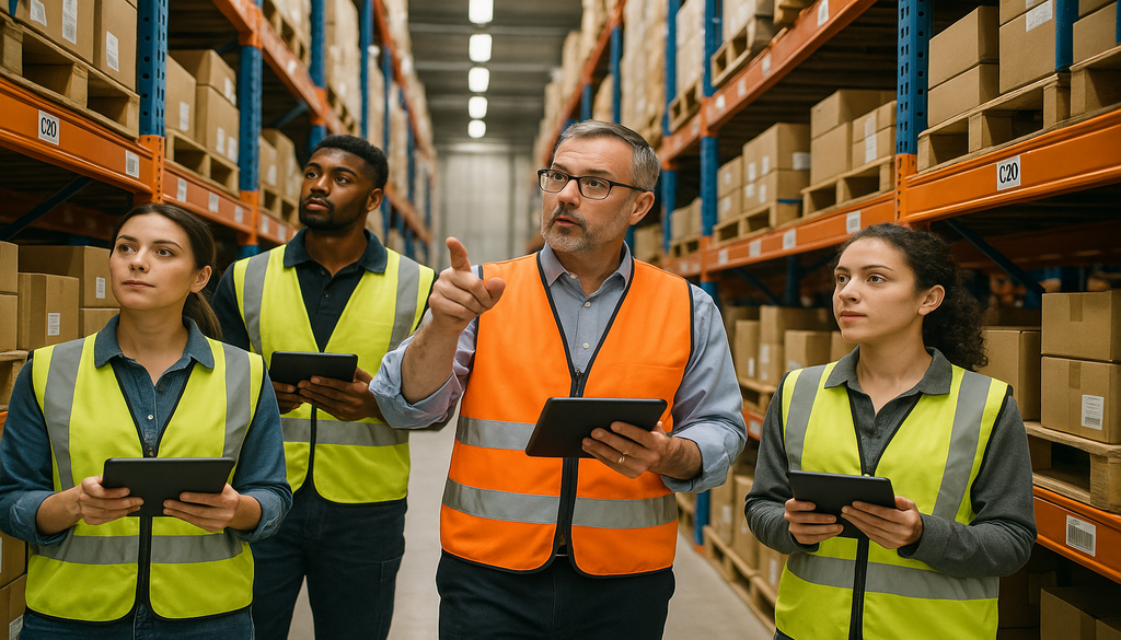 Warehouse manager training staff on holiday inventory control using tablets in distribution center