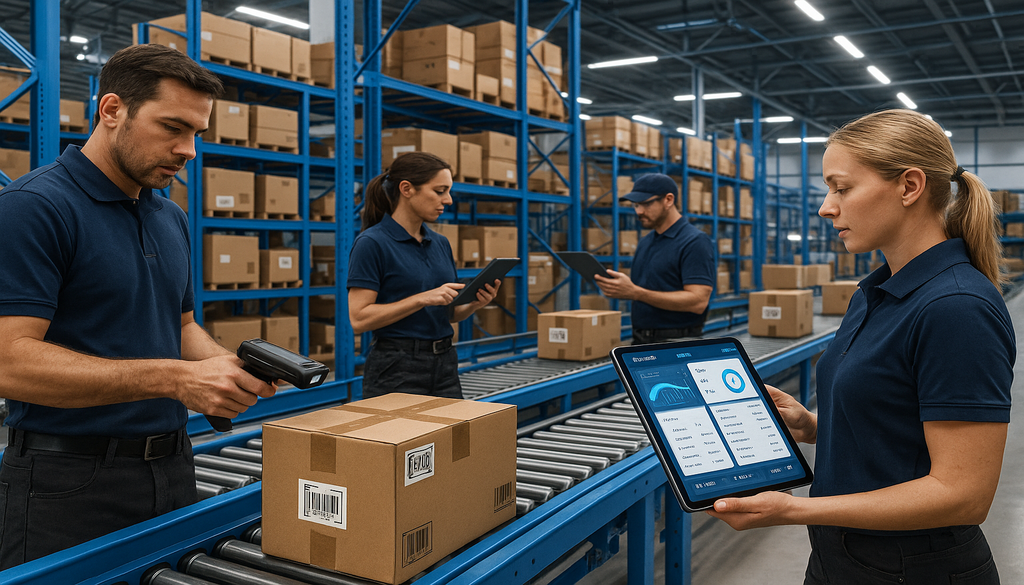 Warehouse workers using tablets and scanners for inventory management during holiday season preparation