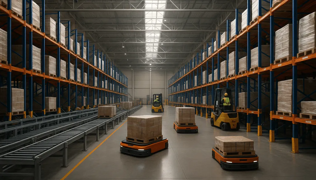"Wide view of modern warehouse with automated conveyors and mobile robots handling materials."