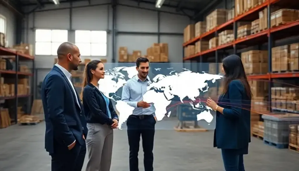 Business professionals discussing global trade routes in warehouse with world map display