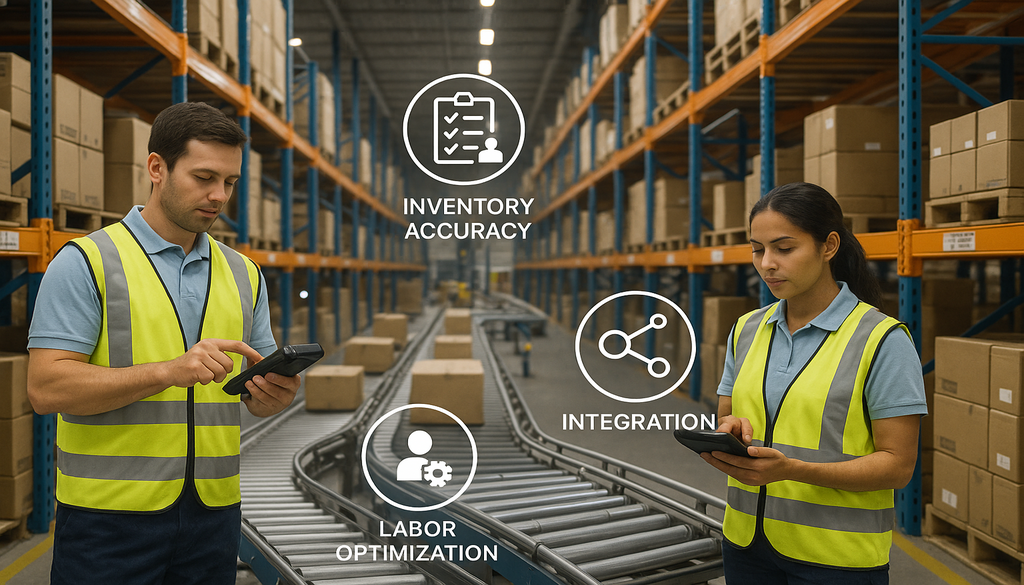 Two warehouse workers using mobile devices with WMS technology showing inventory accuracy, labor optimization, and integration features