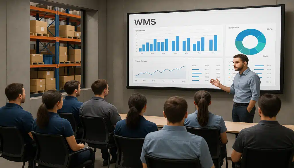 Warehouse manager presenting WMS dashboard analytics to team in modern warehouse training room