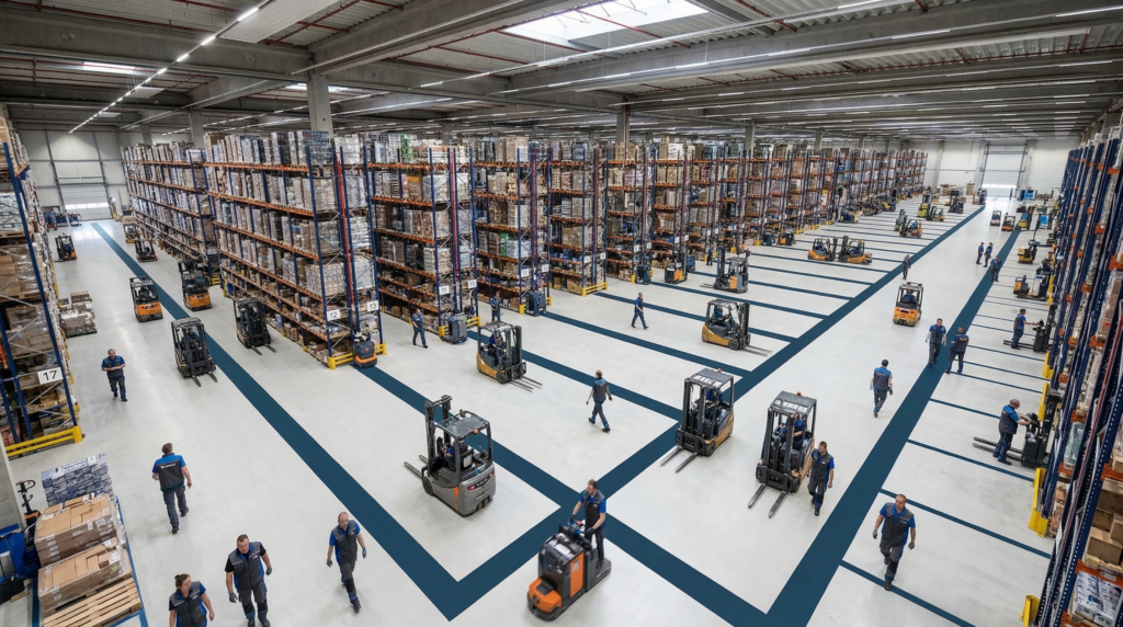 Warehouse with aisles and forklifts, lot traceability.