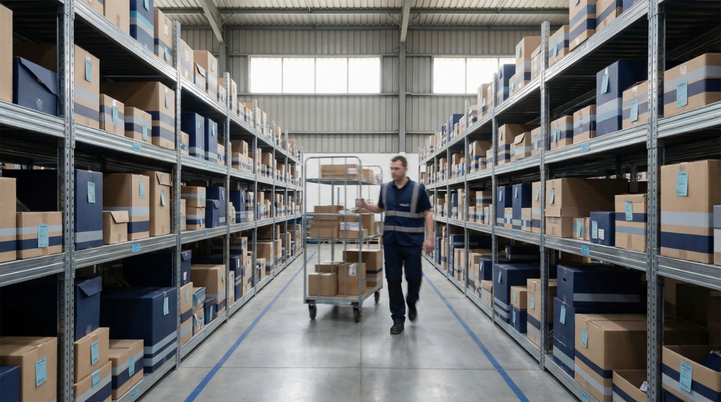 Warehouse aisle with tall shelves and worker