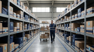 Warehouse aisle with tall shelves and worker