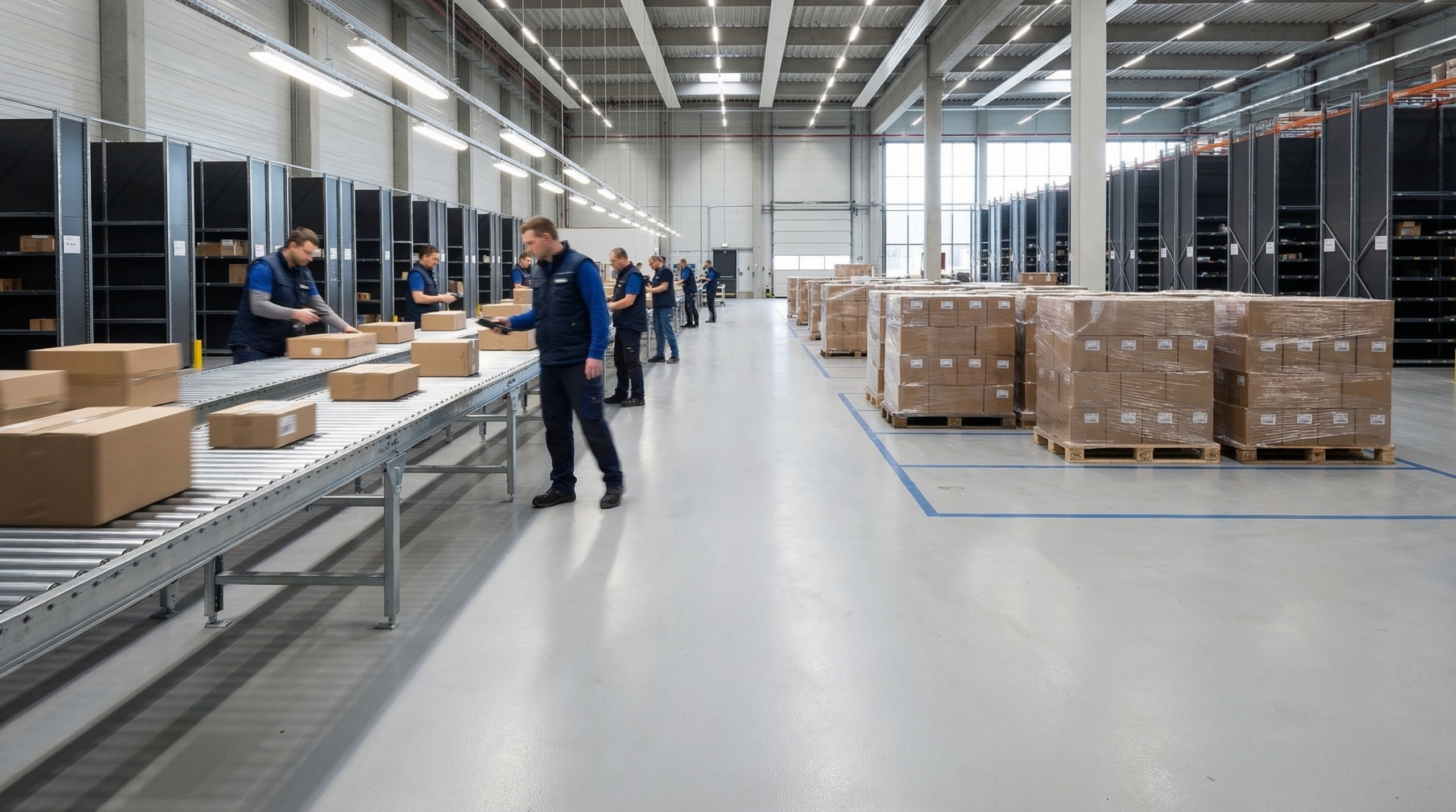 Warehouse receiving dock with voice picking headset.