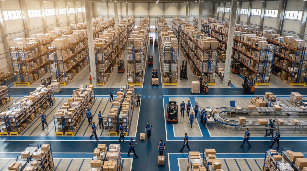 Aerial view of warehouse logistics operations