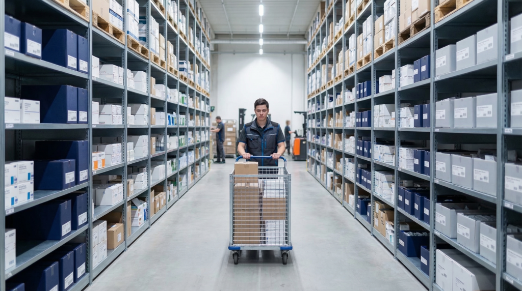 Warehouse aisle with worker and shelves