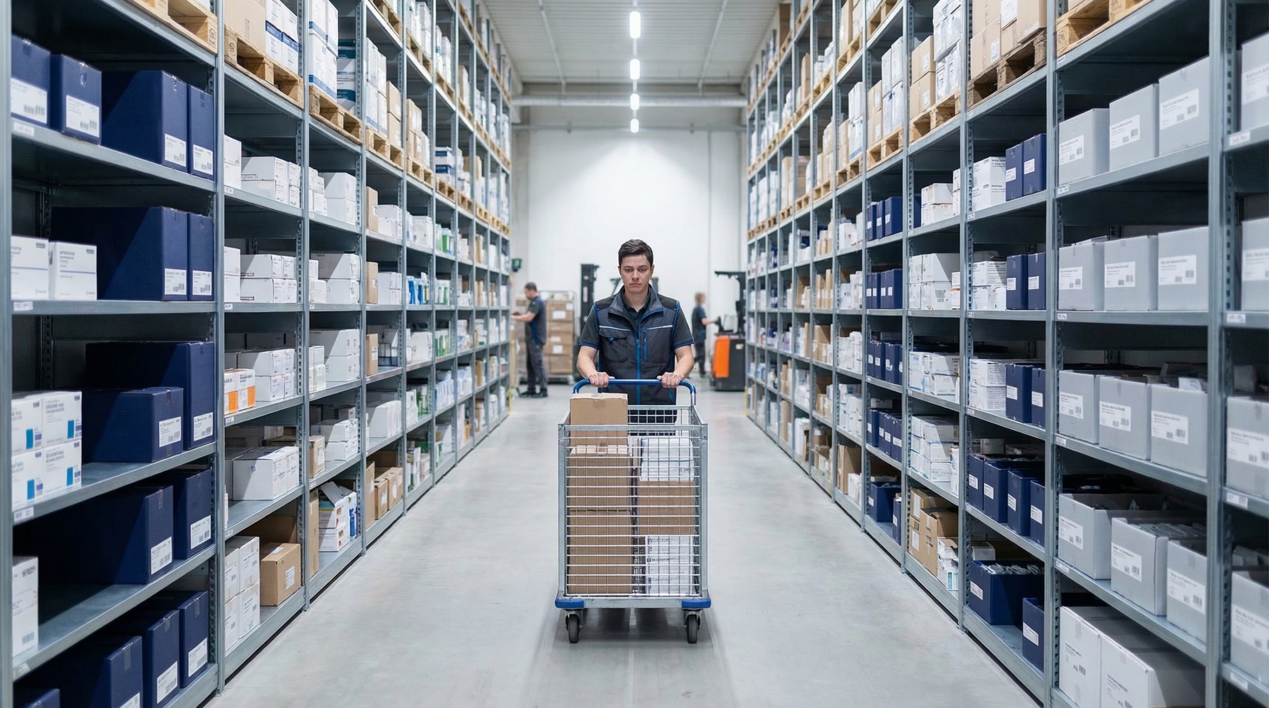 Warehouse aisle with worker and shelves