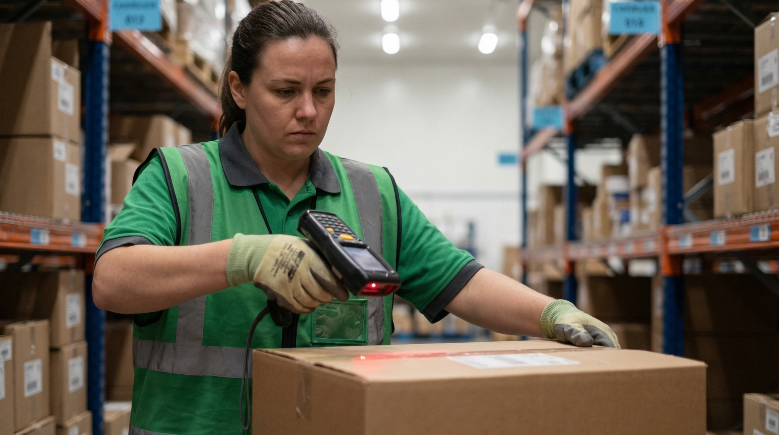 Warehouse worker scanning barcode on package