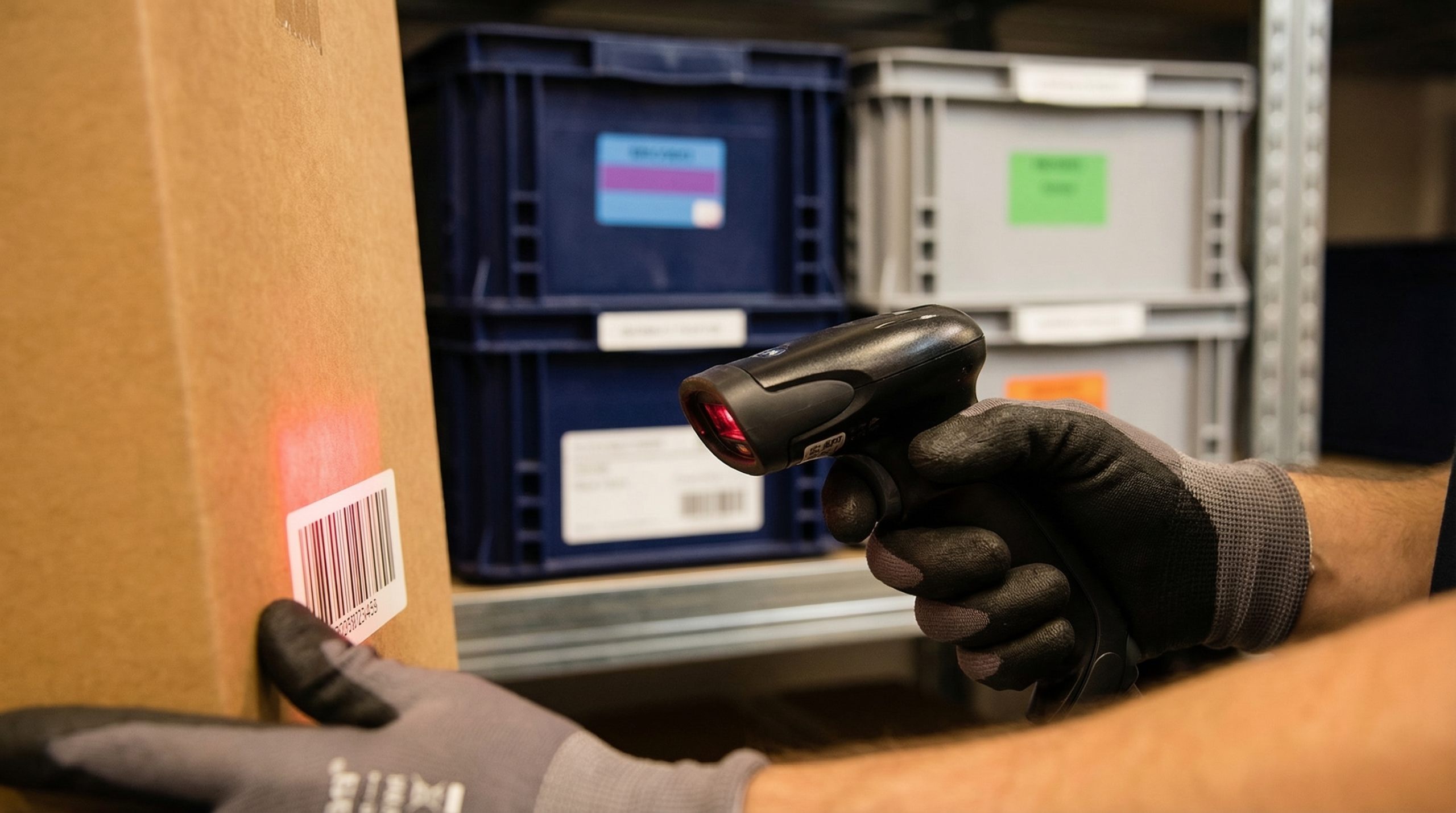 Worker scanning barcode on package