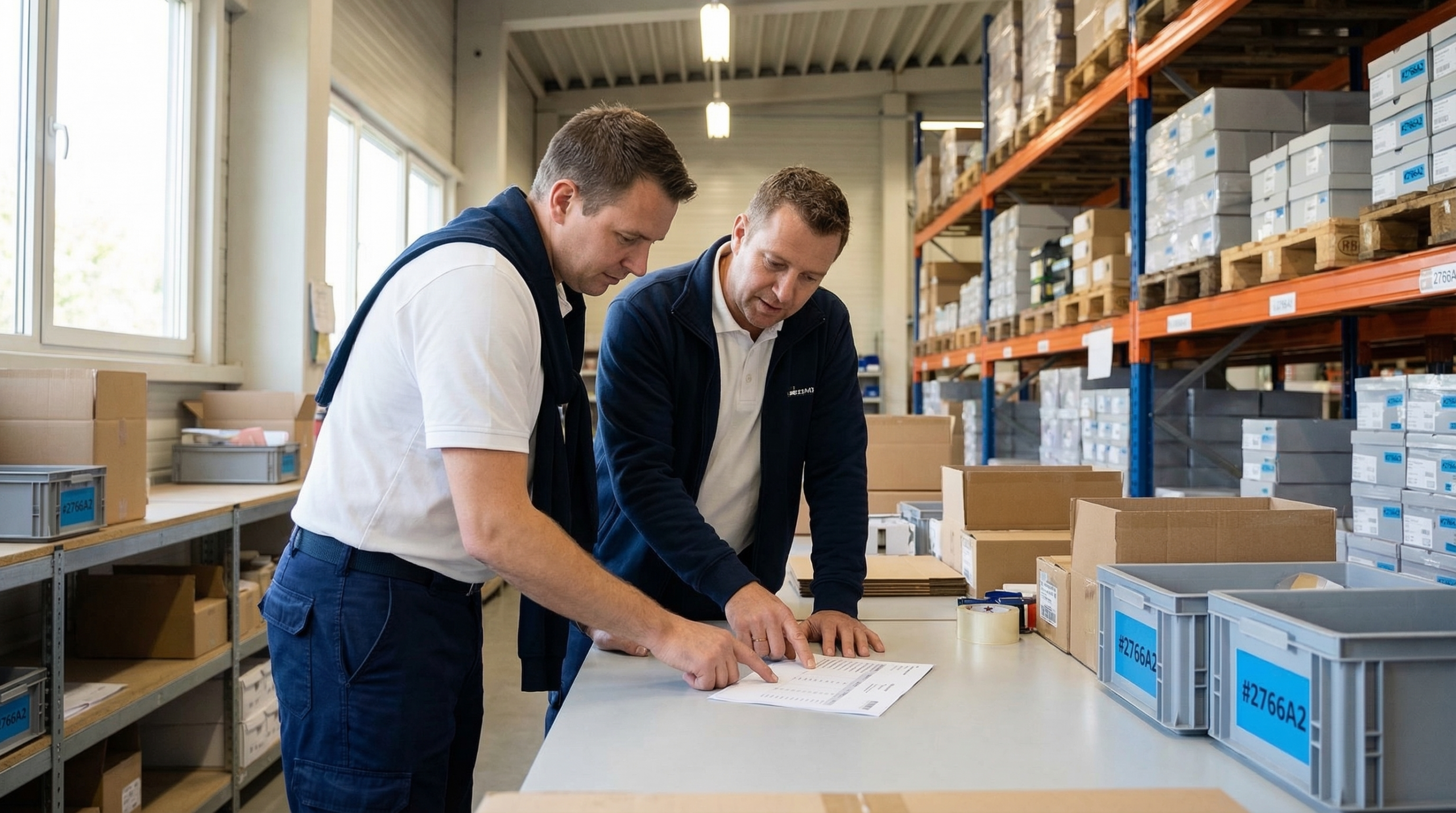 Warehouse workers reviewing pick list.