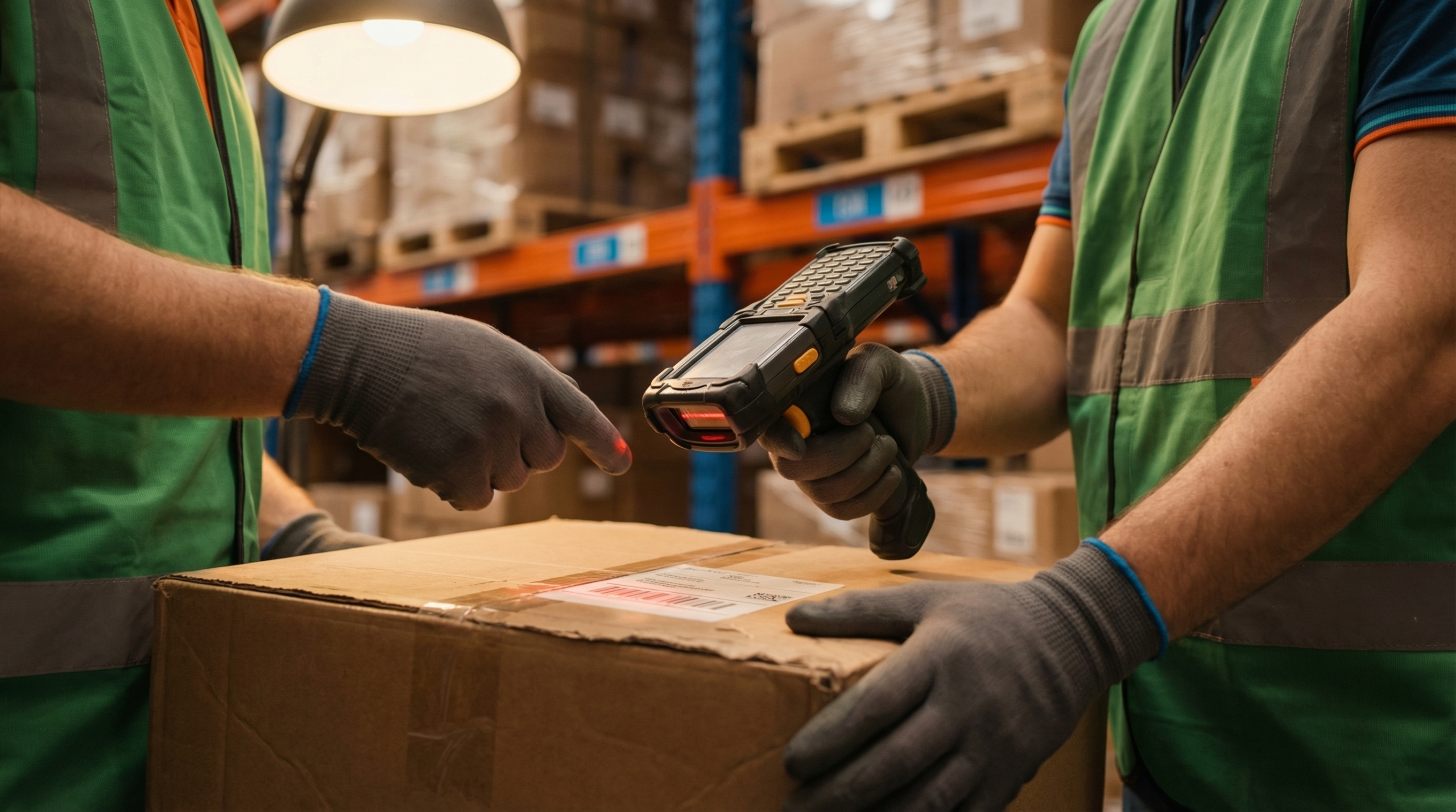 Warehouse worker scanning barcode on package
