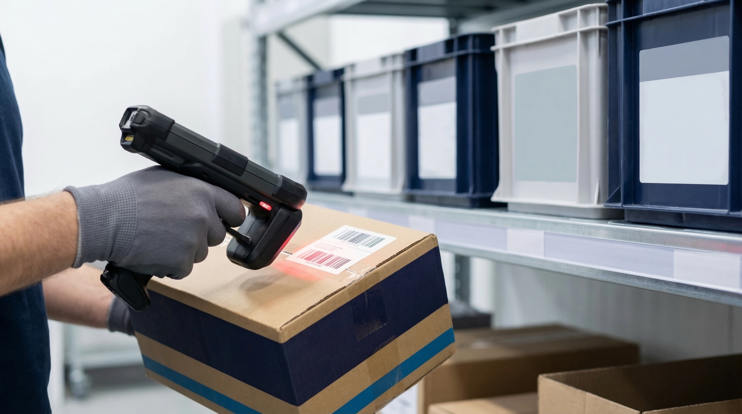 Worker scanning barcode on package