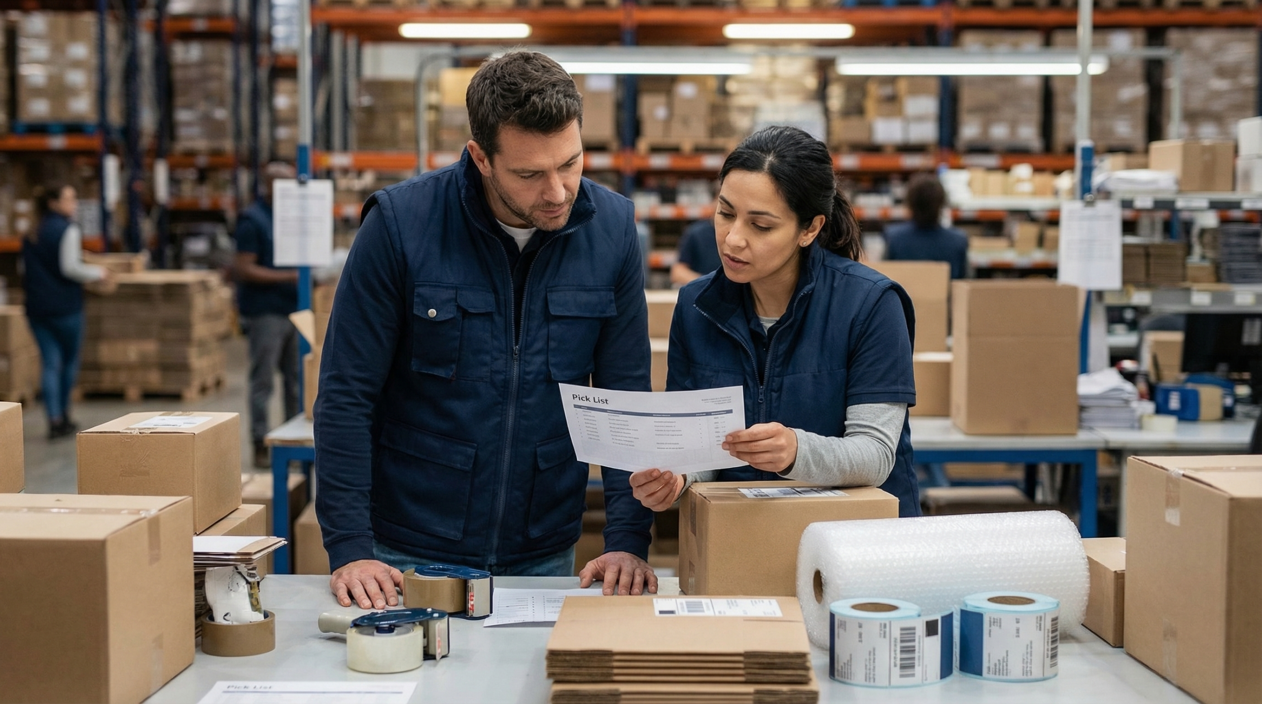 Workers reviewing pick list at table.