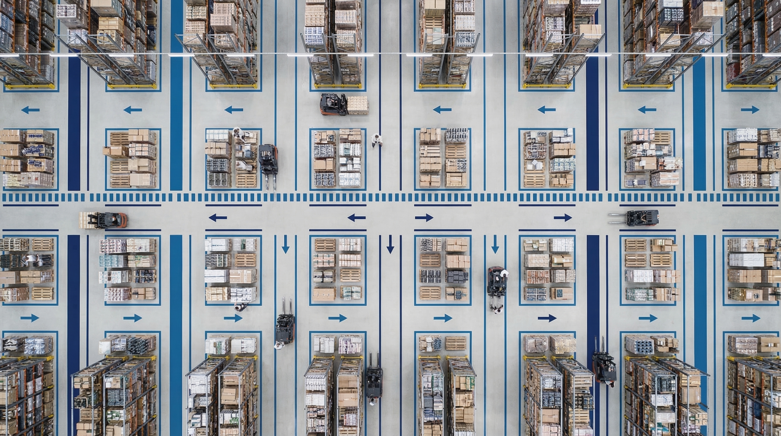 Aerial view of organized warehouse floor.