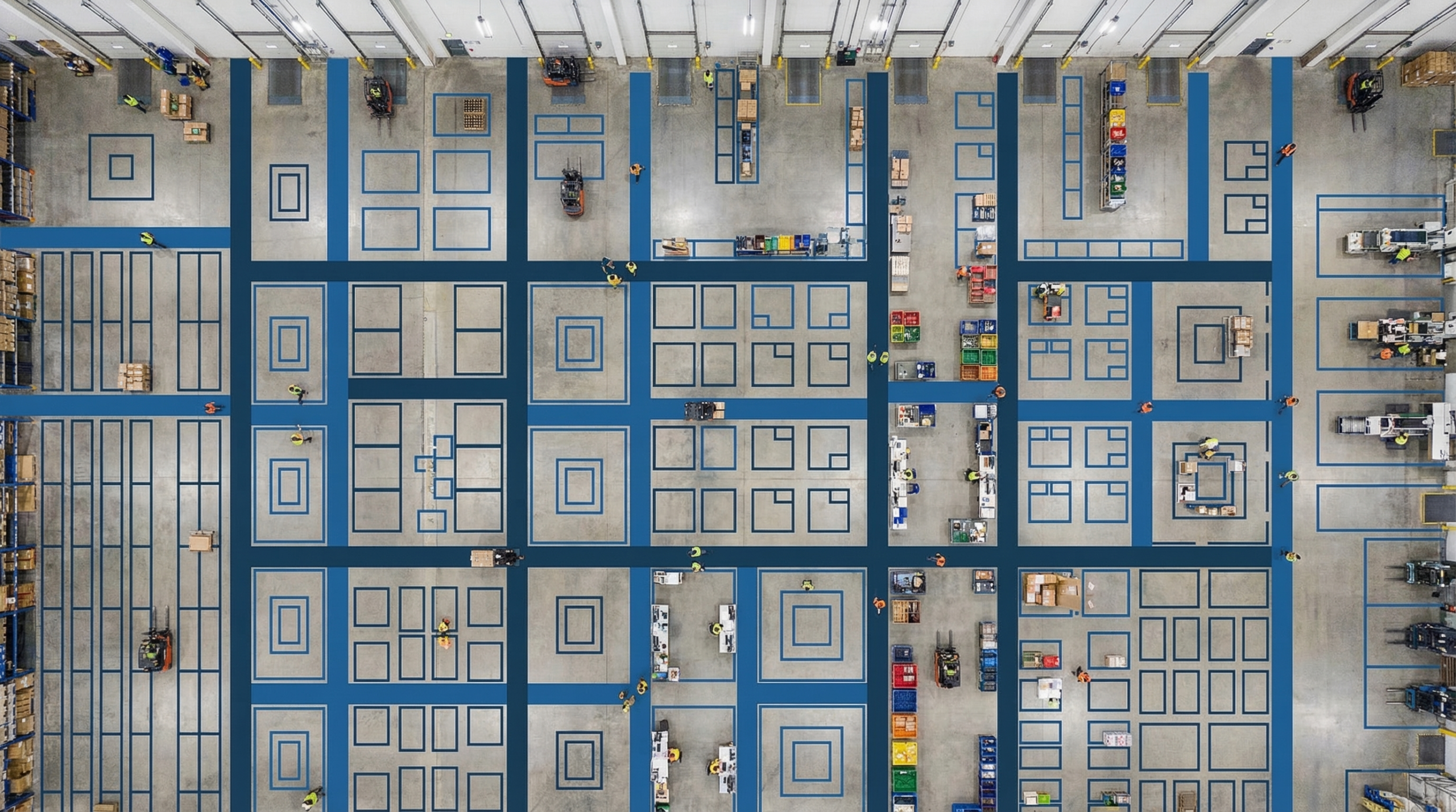 Aerial view of organized warehouse floor