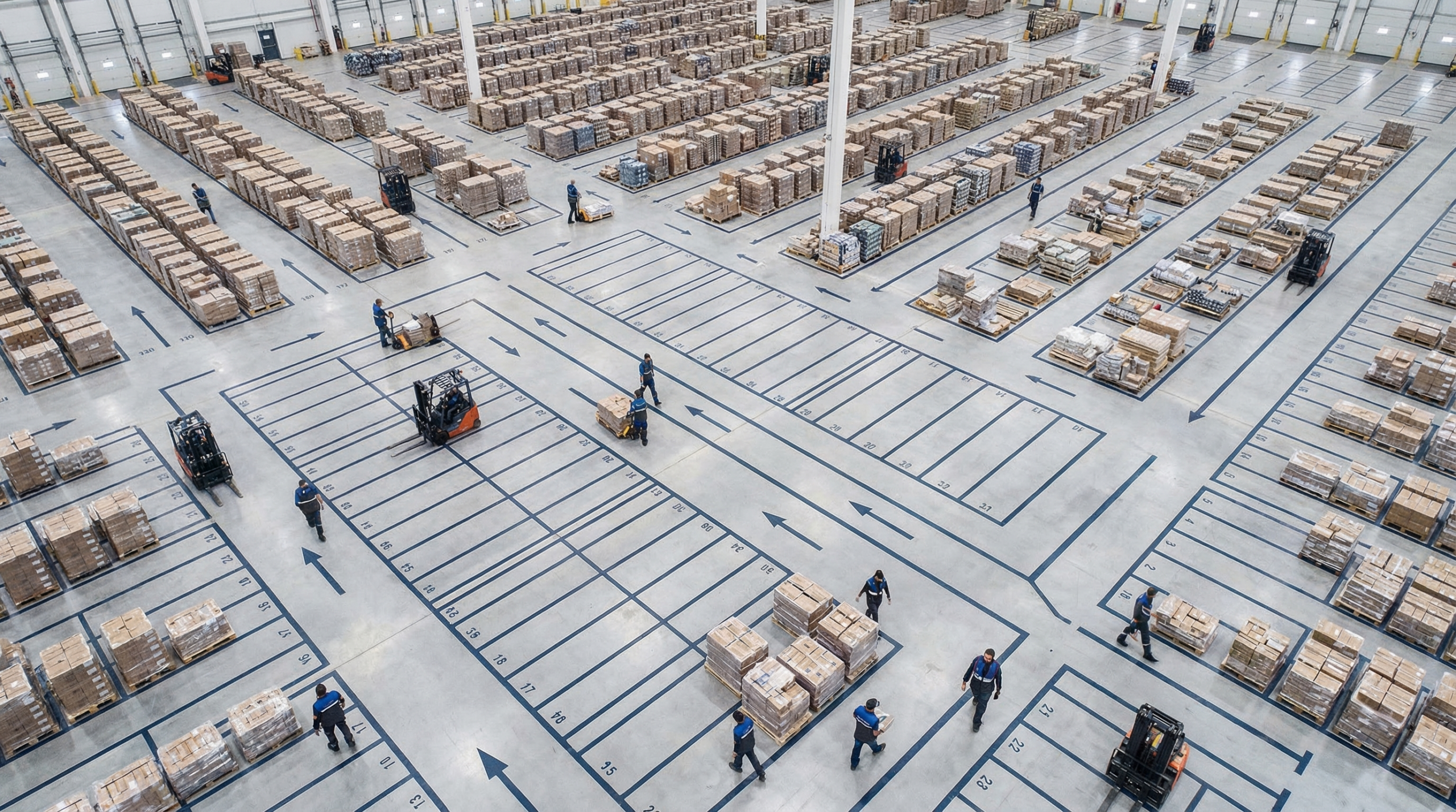 Aerial view of organized warehouse floor.