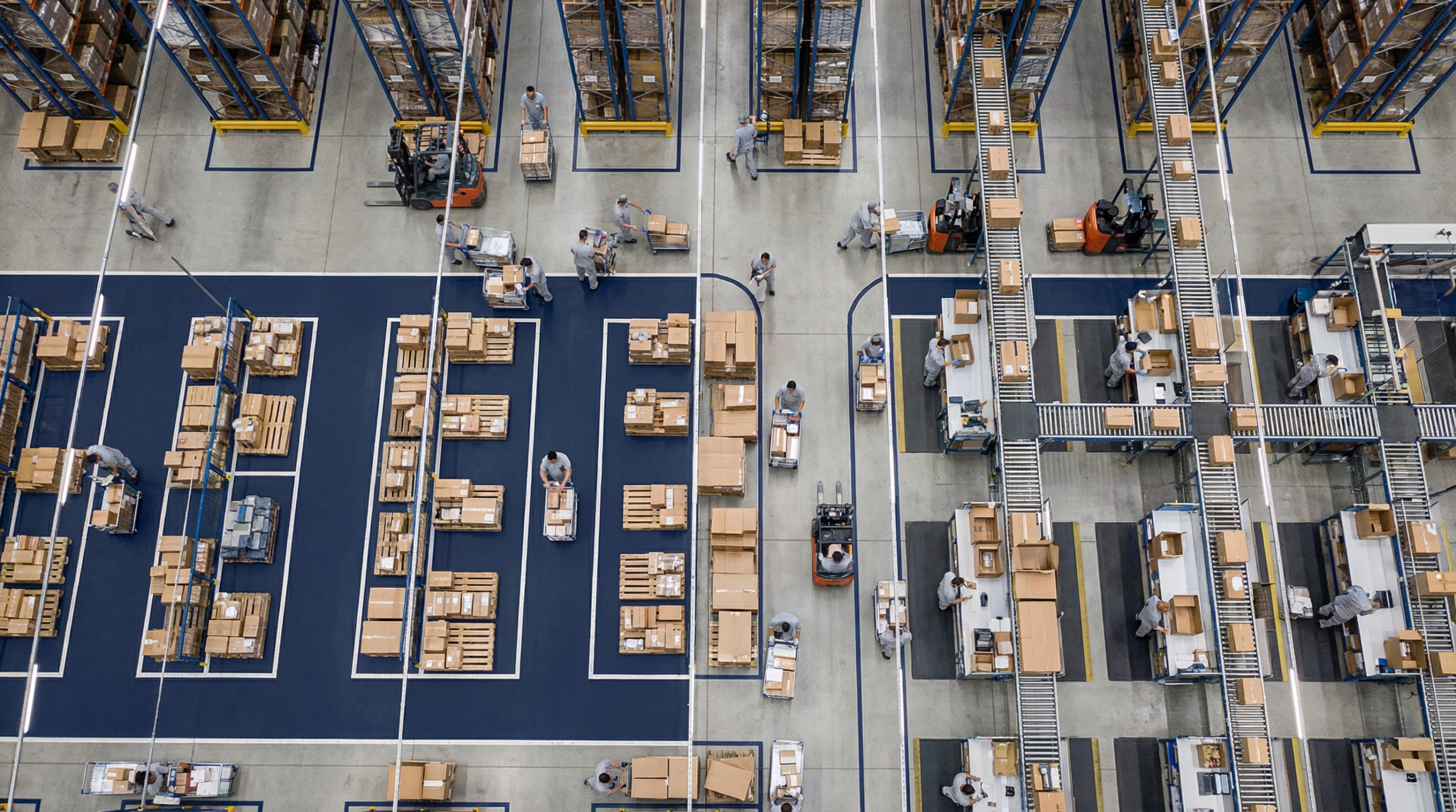 Aerial view of organized warehouse floor