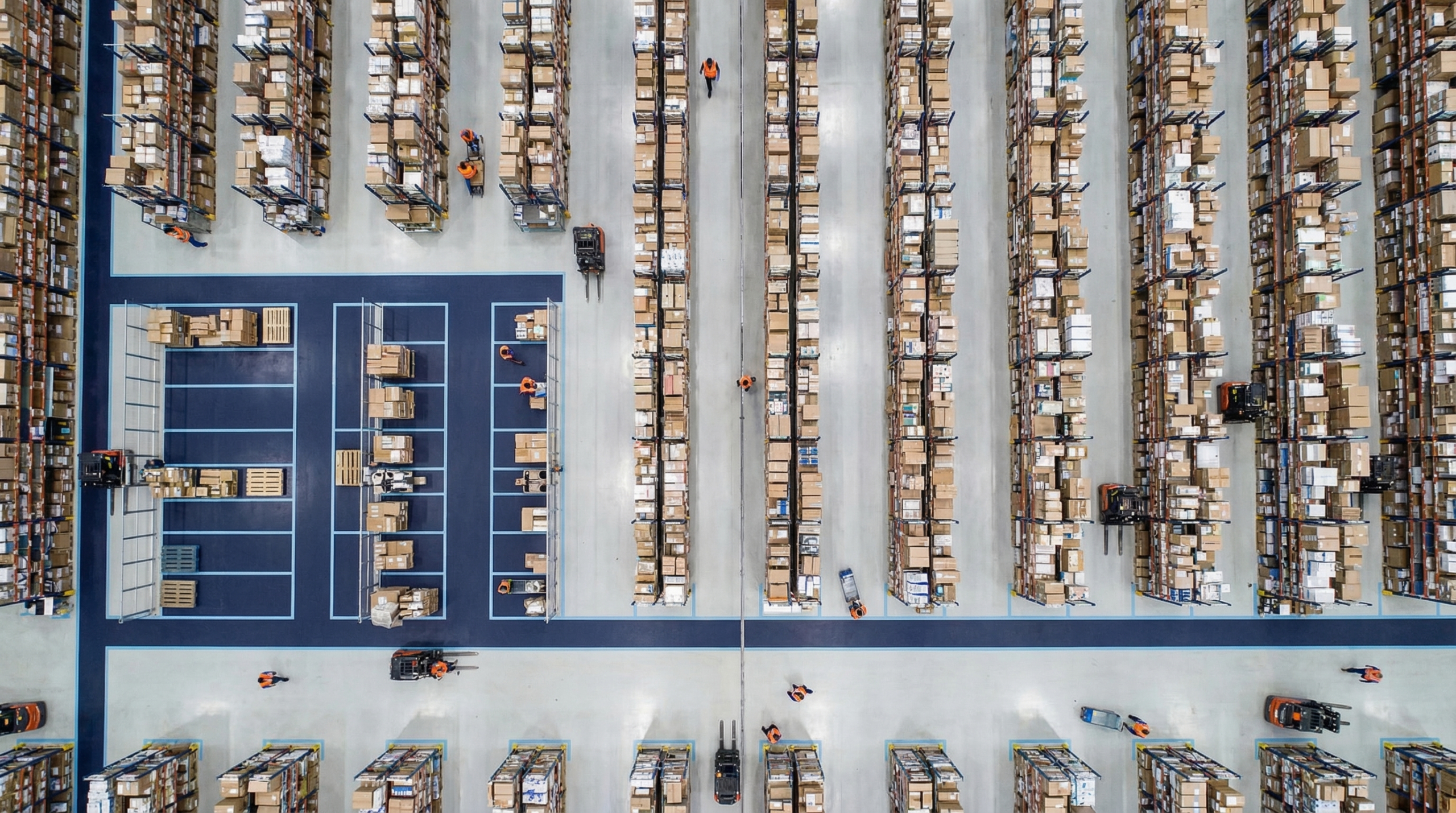 Aerial view of organized warehouse floor