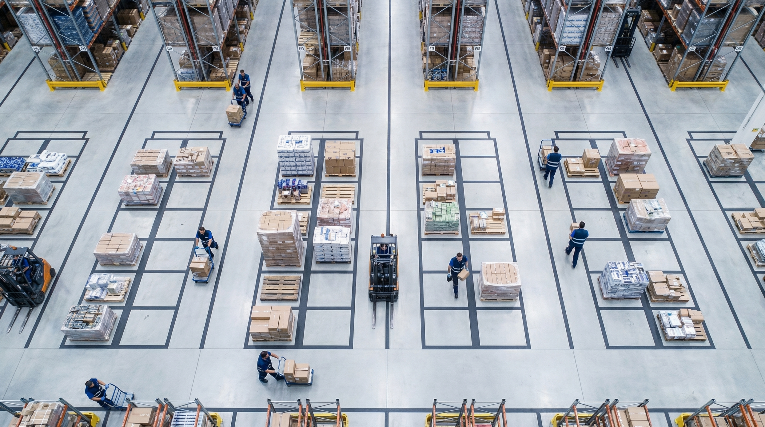 Aerial view of organized warehouse floor