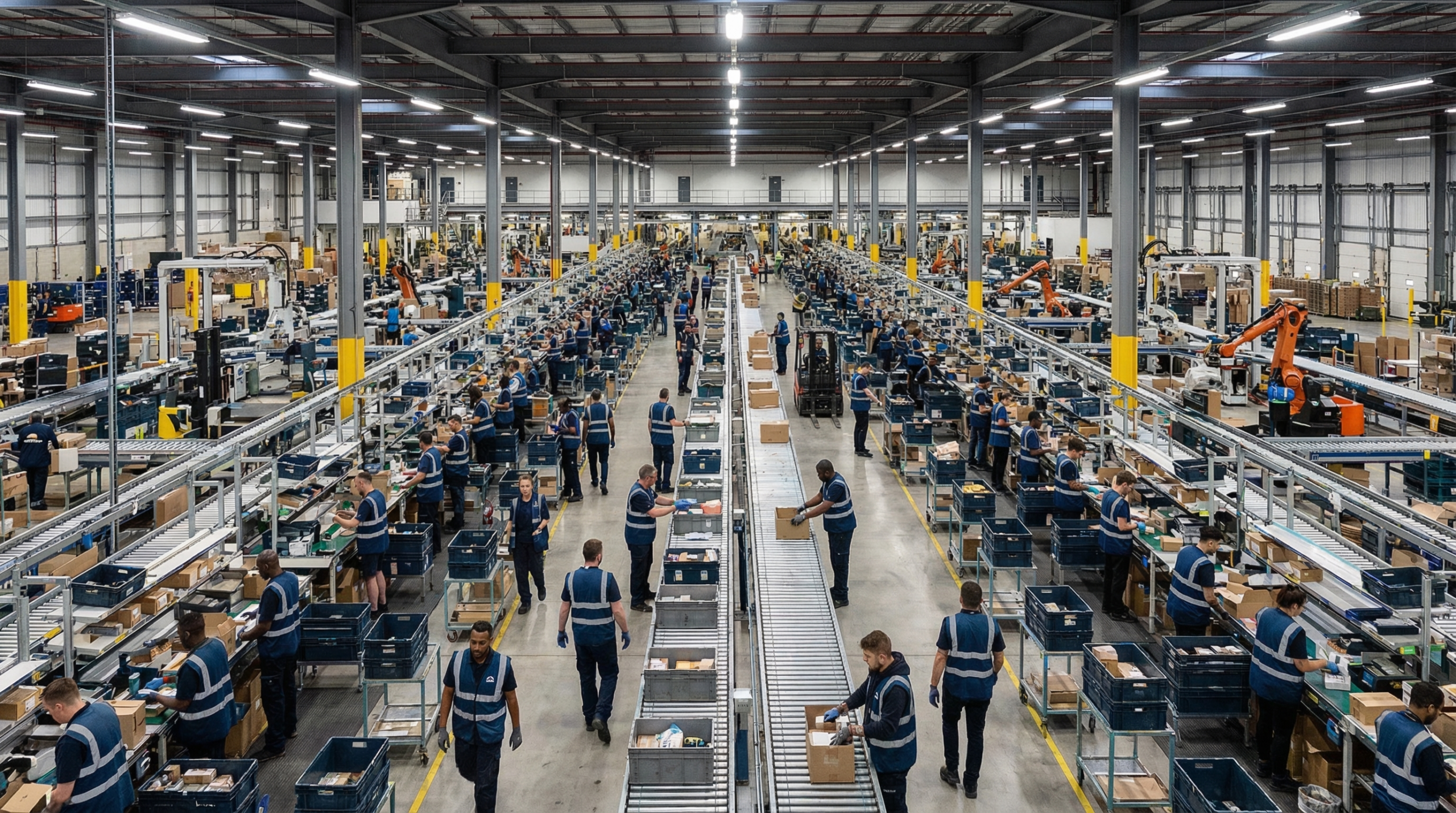 Wide shot of distribution center operations.