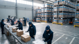 Warehouse dock with workers and conveyor belt